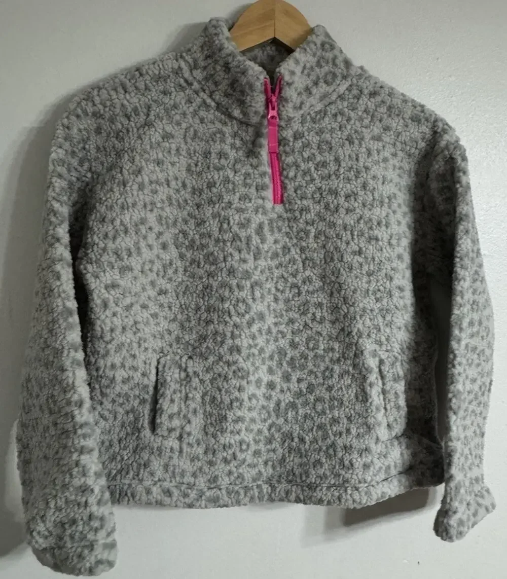 Gap Kids Sweater Girls Size 12 Sherpa Quarter Zip Leopard Gray Pink Pocket NEW